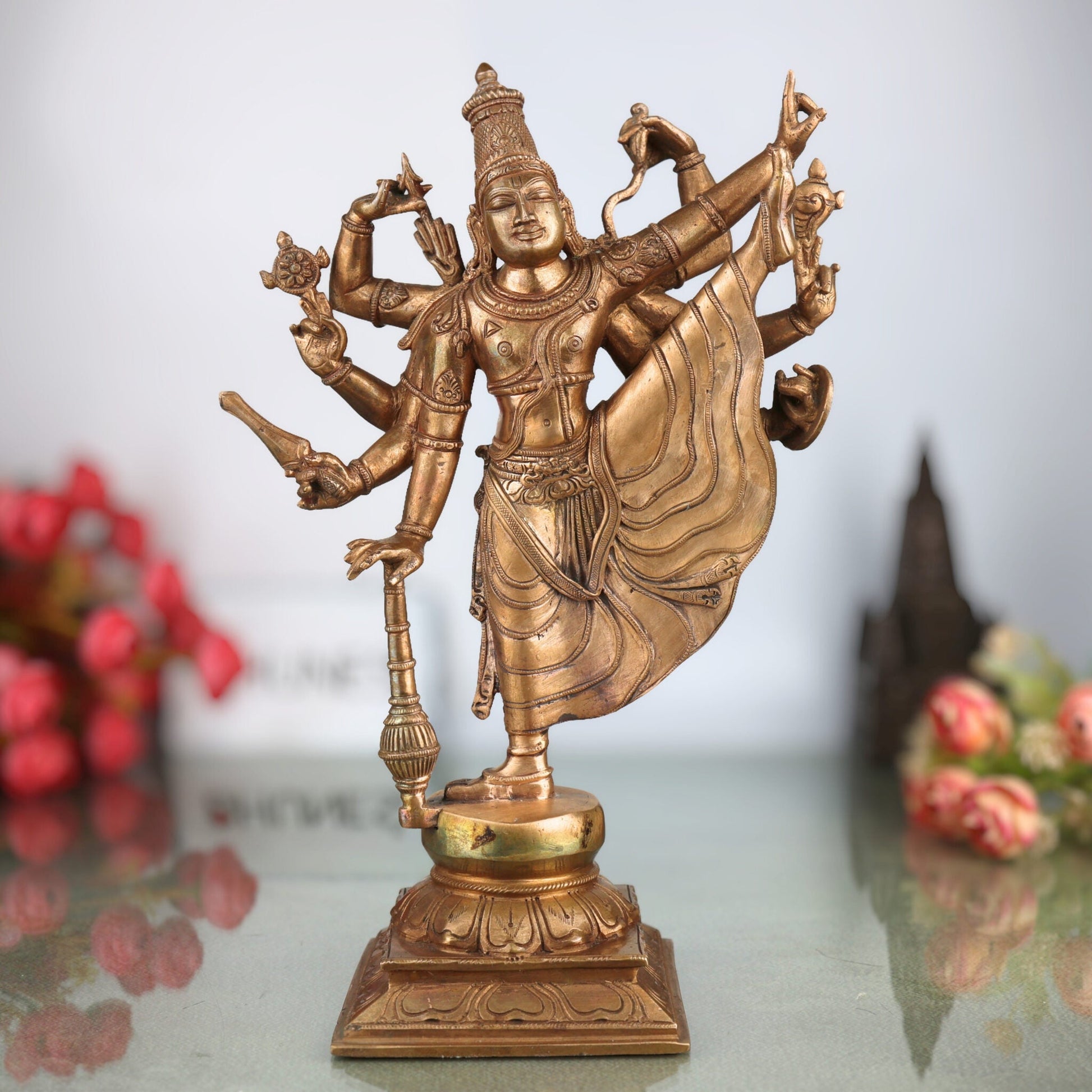 Handcrafted Bronze Dancing Vishnu Idol – Panchaloha Narayana, Govinda, Venkateswara, Padmanabha Murti for Temple & Home Décor,Brown, 13 Inch, 1 Piece