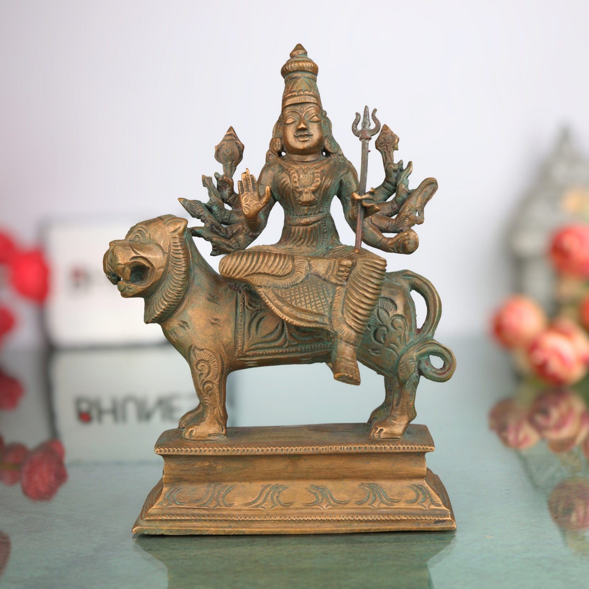 Handcrafted Bronze Durga Devi Idol in Panchaloha – Mahishasura Mardini | Shakti | Navadurga | Chola Art Sculpture for Puja & Home Temple,Brown, 7 Inch, 1 Piece