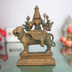 Handcrafted Bronze Durga Devi Idol in Panchaloha – Mahishasura Mardini | Shakti | Navadurga | Chola Art Sculpture for Puja & Home Temple,Brown, 7 Inch, 1 Piece