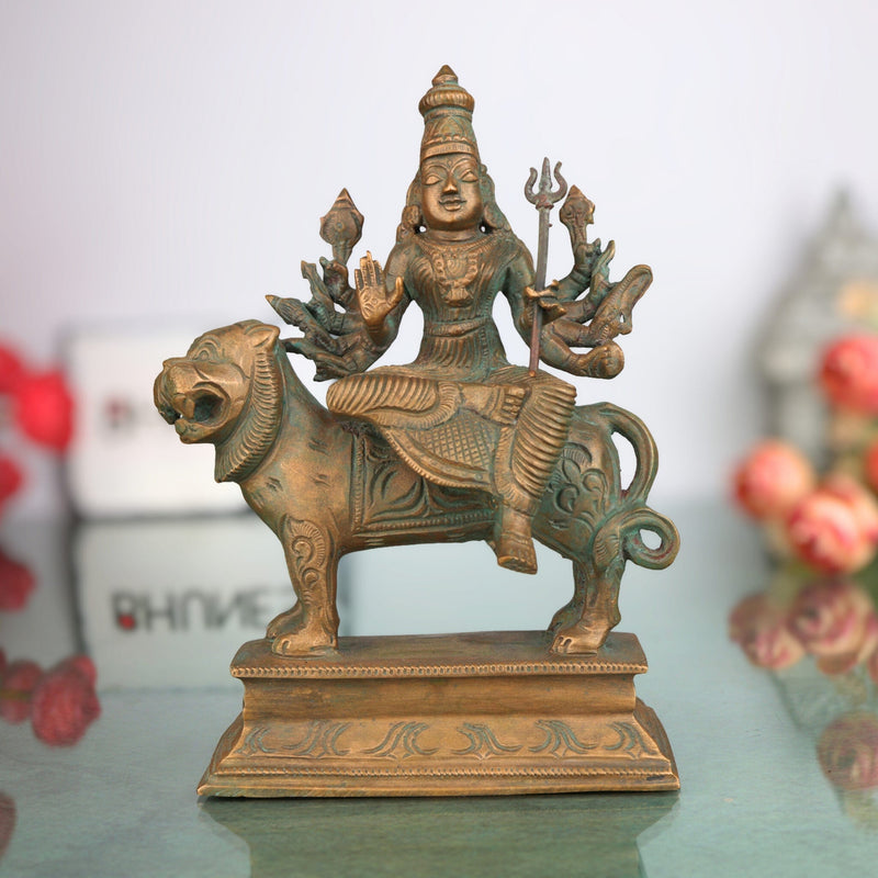Handcrafted Bronze Durga Devi Idol in Panchaloha – Mahishasura Mardini | Shakti | Navadurga | Chola Art Sculpture for Puja & Home Temple,Brown, 7 Inch, 1 Piece