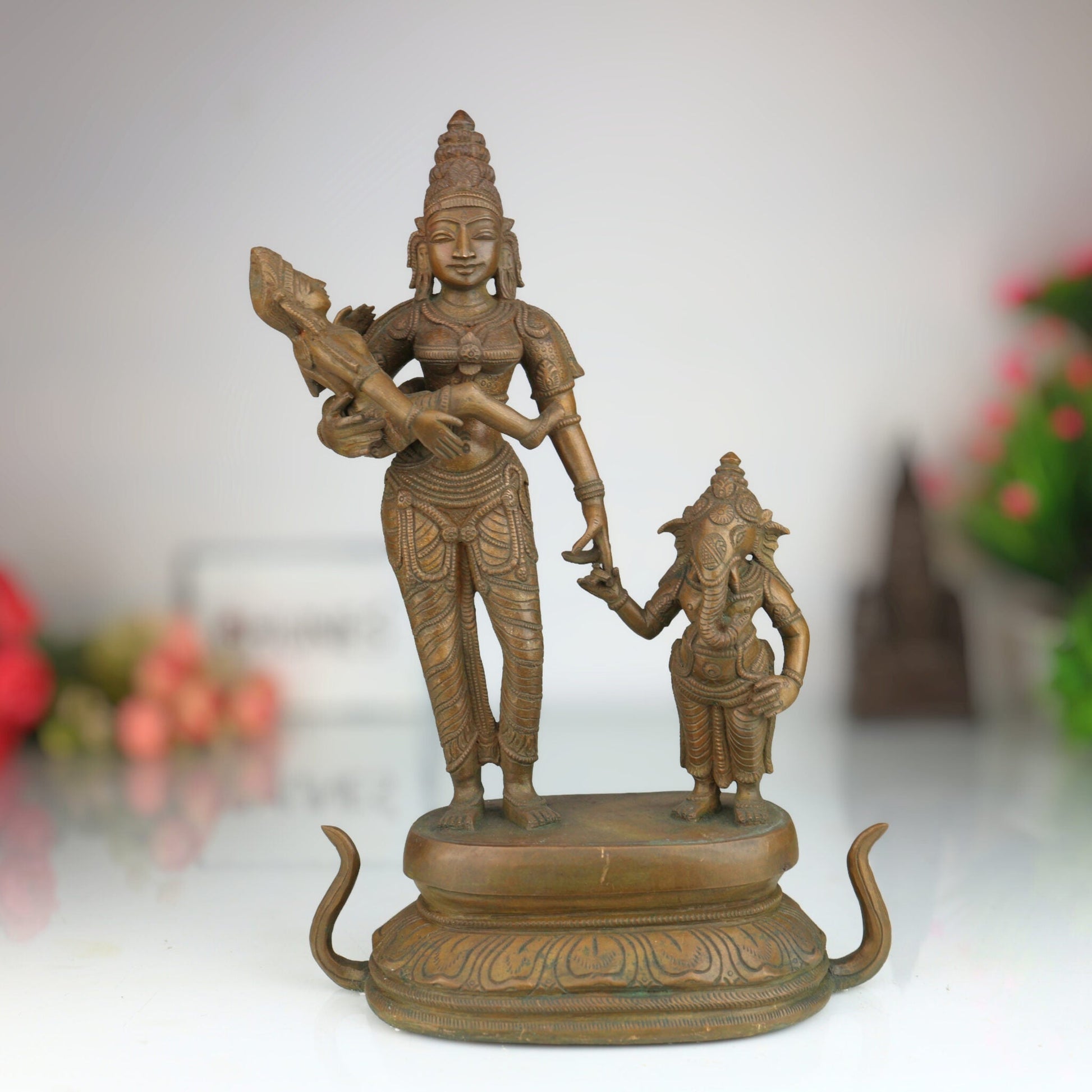 Panchaloha Parvati with Ganesha and Kartikeya Idol, Handmade Bronze Ambika Gauri Sculpture, Shakti with Ganapati & Murugan, Chola Art Devi Statue,Brown, 13 Inch, 1 Piece