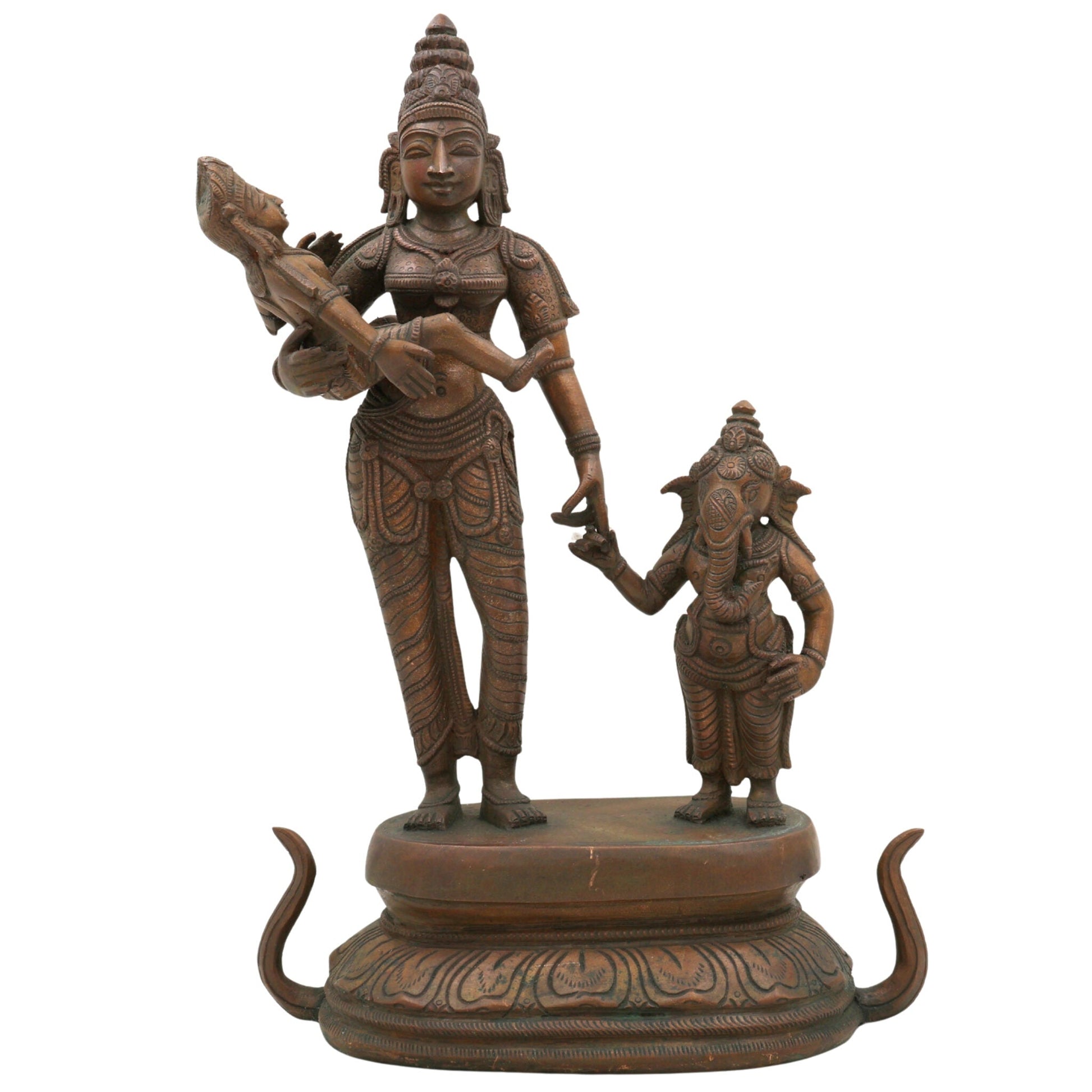 Panchaloha Parvati with Ganesha and Kartikeya Idol, Handmade Bronze Ambika Gauri Sculpture, Shakti with Ganapati & Murugan, Chola Art Devi Statue,Brown, 13 Inch, 1 Piece
