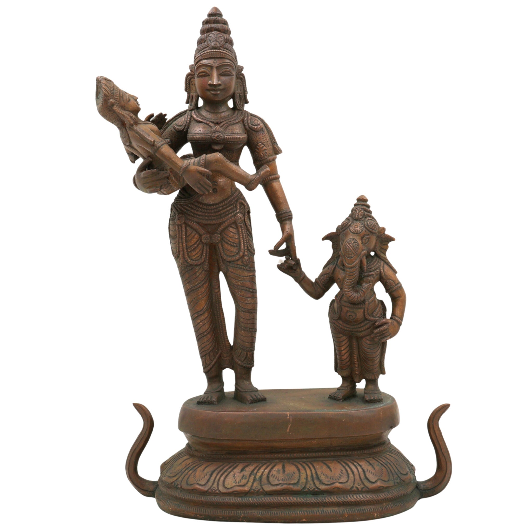 Panchaloha Parvati with Ganesha and Kartikeya Idol, Handmade Bronze Ambika Gauri Sculpture, Shakti with Ganapati & Murugan, Chola Art Devi Statue,Brown, 13 Inch, 1 Piece