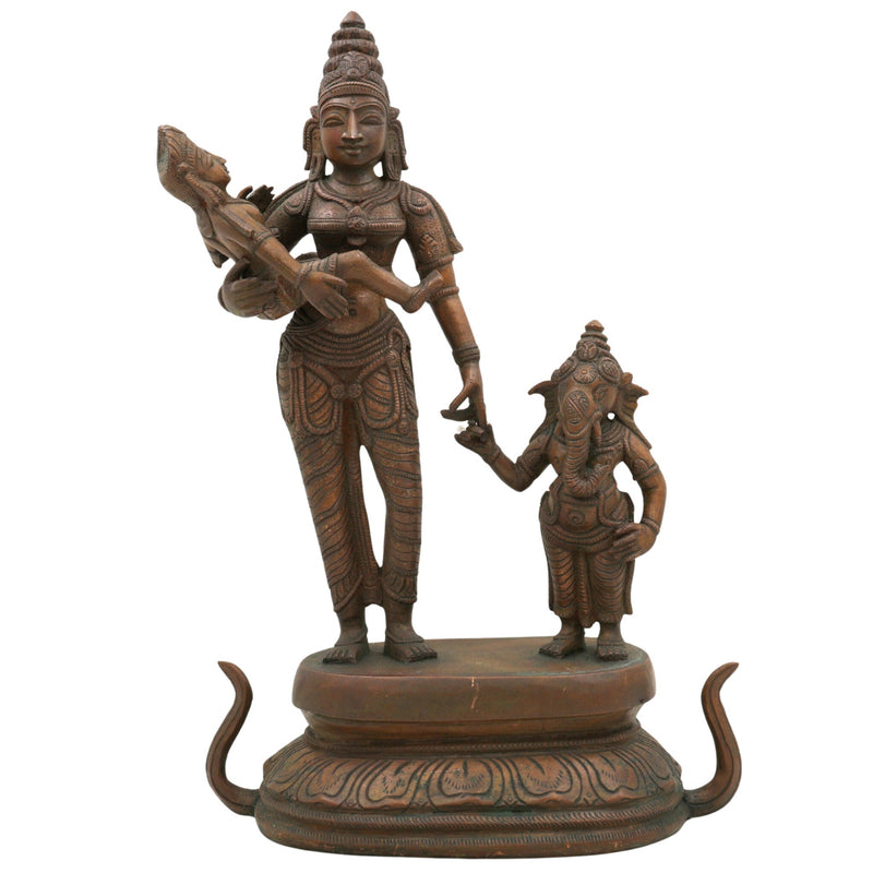 Panchaloha Parvati with Ganesha and Kartikeya Idol, Handmade Bronze Ambika Gauri Sculpture, Shakti with Ganapati & Murugan, Chola Art Devi Statue,Brown, 13 Inch, 1 Piece