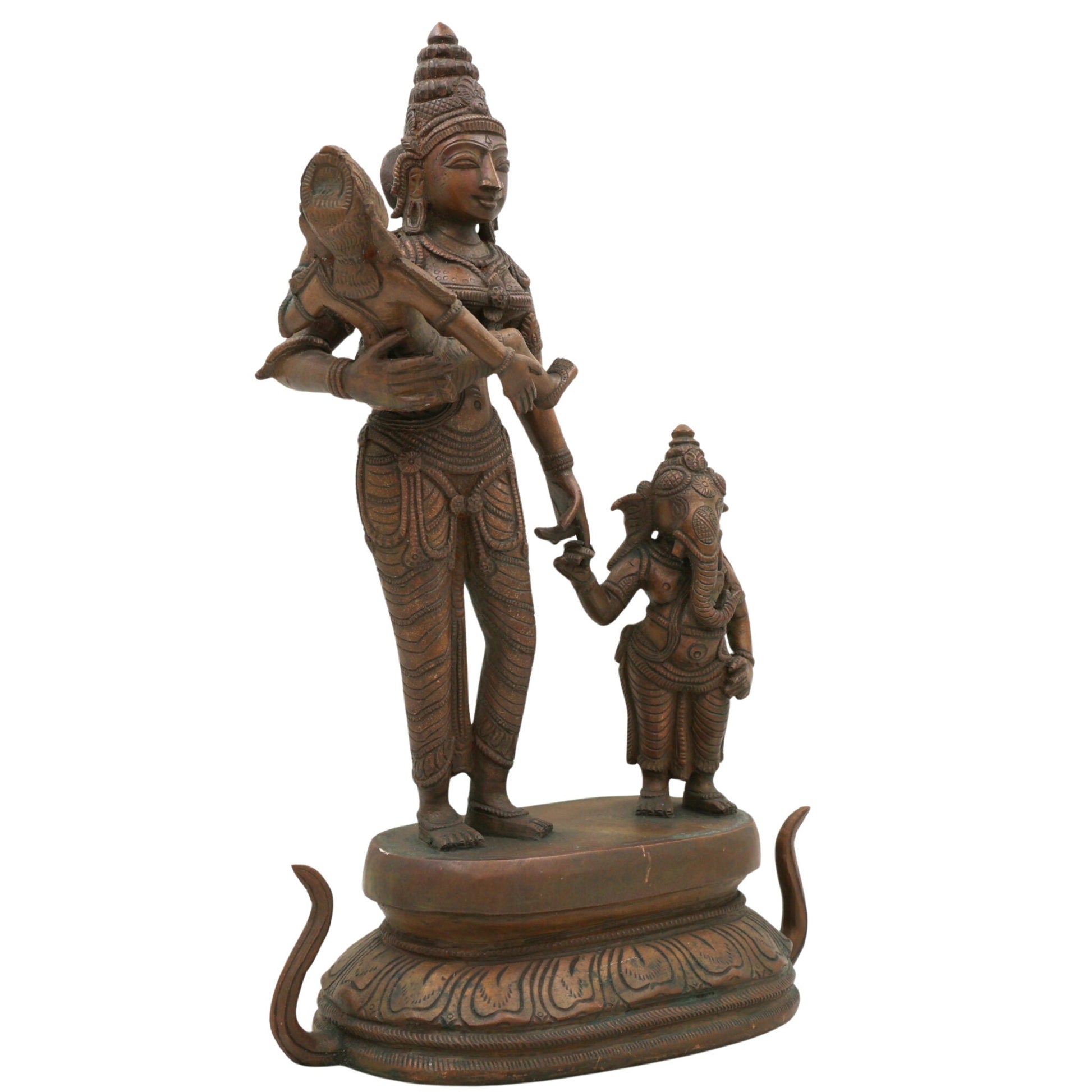 Panchaloha Parvati with Ganesha and Kartikeya Idol, Handmade Bronze Ambika Gauri Sculpture, Shakti with Ganapati & Murugan, Chola Art Devi Statue,Brown, 13 Inch, 1 Piece