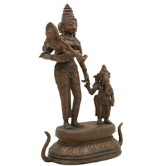 Panchaloha Parvati with Ganesha and Kartikeya Idol, Handmade Bronze Ambika Gauri Sculpture, Shakti with Ganapati & Murugan, Chola Art Devi Statue,Brown, 13 Inch, 1 Piece