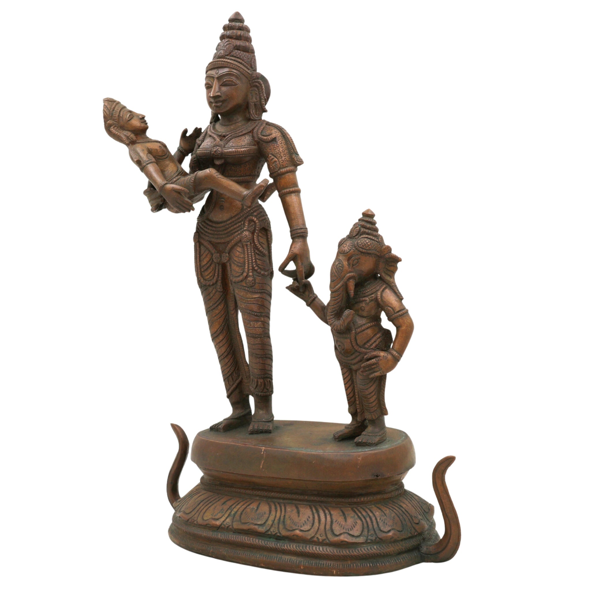 Panchaloha Parvati with Ganesha and Kartikeya Idol, Handmade Bronze Ambika Gauri Sculpture, Shakti with Ganapati & Murugan, Chola Art Devi Statue,Brown, 13 Inch, 1 Piece