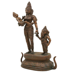 Panchaloha Parvati with Ganesha and Kartikeya Idol, Handmade Bronze Ambika Gauri Sculpture, Shakti with Ganapati & Murugan, Chola Art Devi Statue,Brown, 13 Inch, 1 Piece