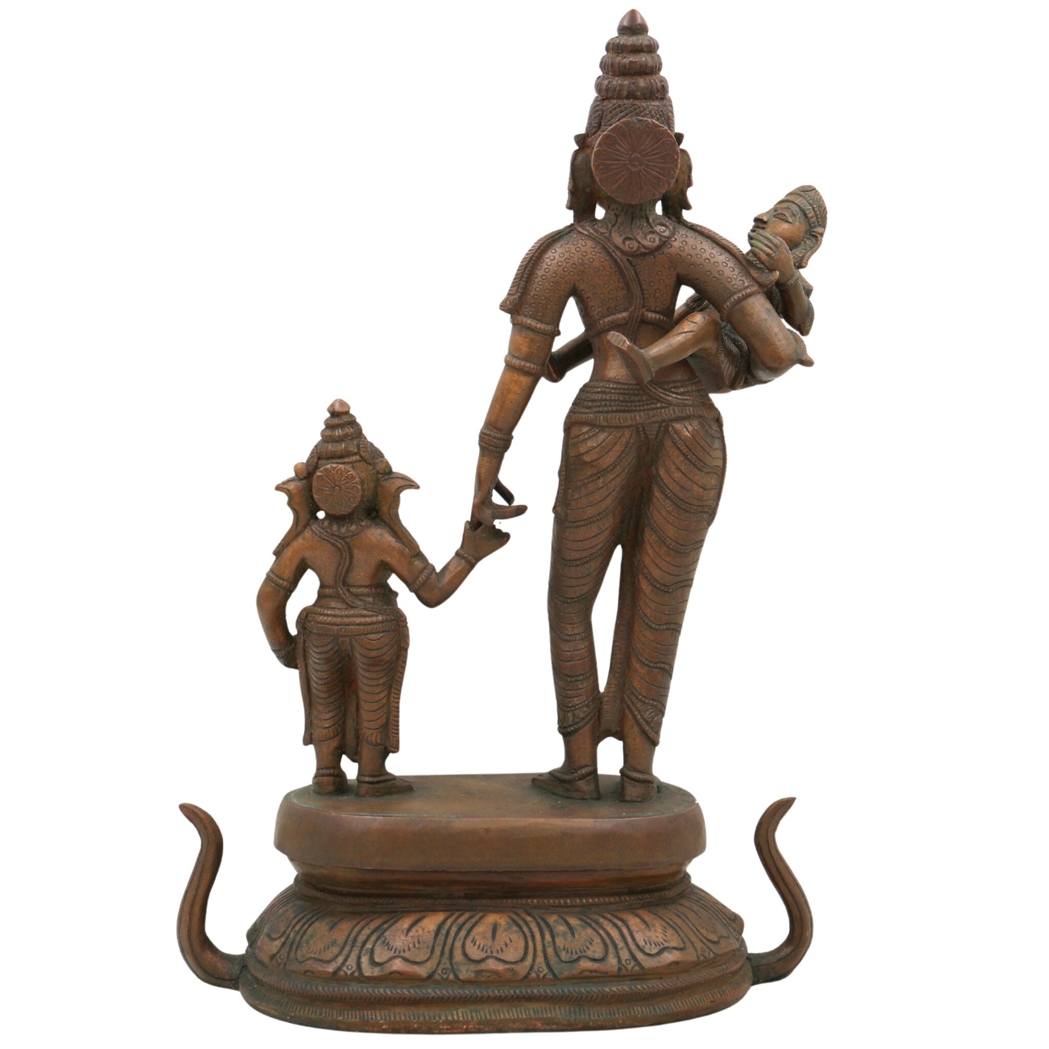 Panchaloha Parvati with Ganesha and Kartikeya Idol, Handmade Bronze Ambika Gauri Sculpture, Shakti with Ganapati & Murugan, Chola Art Devi Statue,Brown, 13 Inch, 1 Piece