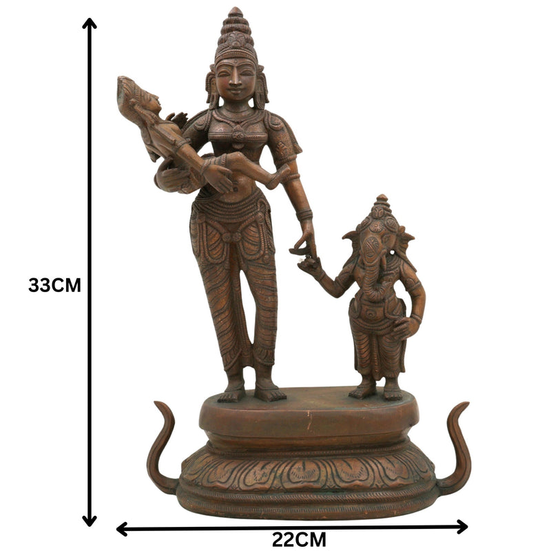 Panchaloha Parvati with Ganesha and Kartikeya Idol, Handmade Bronze Ambika Gauri Sculpture, Shakti with Ganapati & Murugan, Chola Art Devi Statue,Brown, 13 Inch, 1 Piece