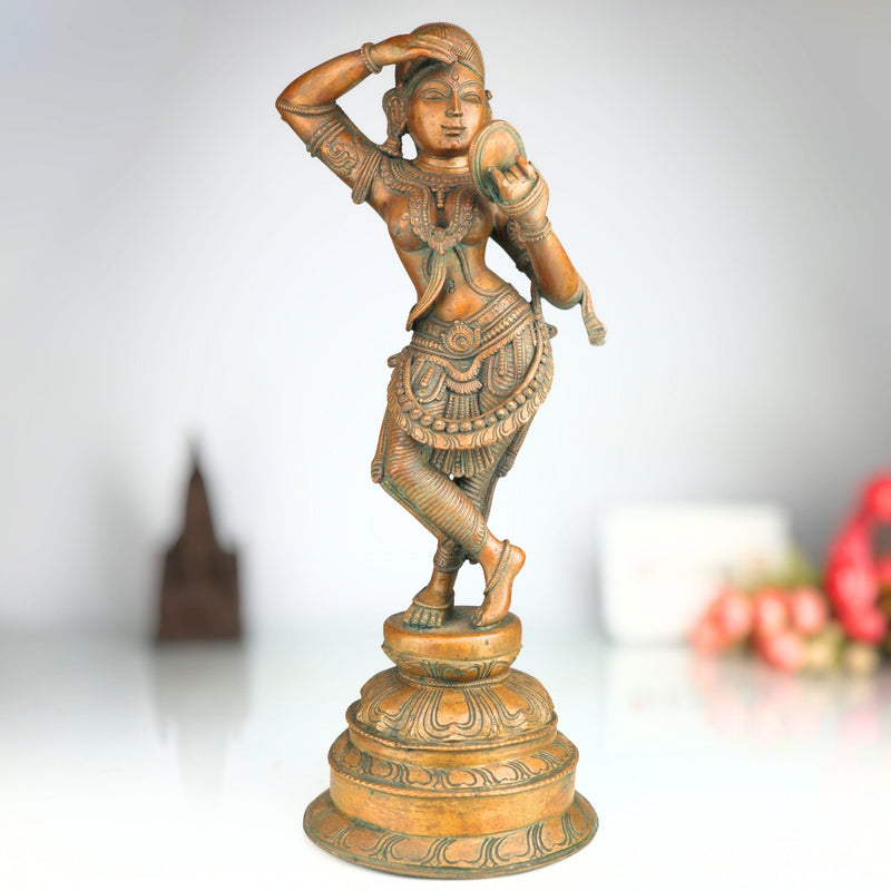 Handmade Bronze Apsara Idol Holding Mirror – Panchaloha Chola Art Sculpture, Celestial Nymph Statue, Urvashi Menaka Rambha Divine Decor,Brown, 17.5 Inch, 1 Piece