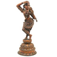 Handmade Bronze Apsara Idol Holding Mirror – Panchaloha Chola Art Sculpture, Celestial Nymph Statue, Urvashi Menaka Rambha Divine Decor,Brown, 17.5 Inch, 1 Piece