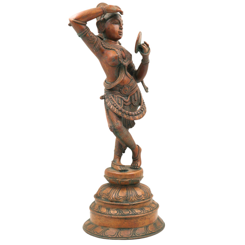 Handmade Bronze Apsara Idol Holding Mirror – Panchaloha Chola Art Sculpture, Celestial Nymph Statue, Urvashi Menaka Rambha Divine Decor,Brown, 17.5 Inch, 1 Piece