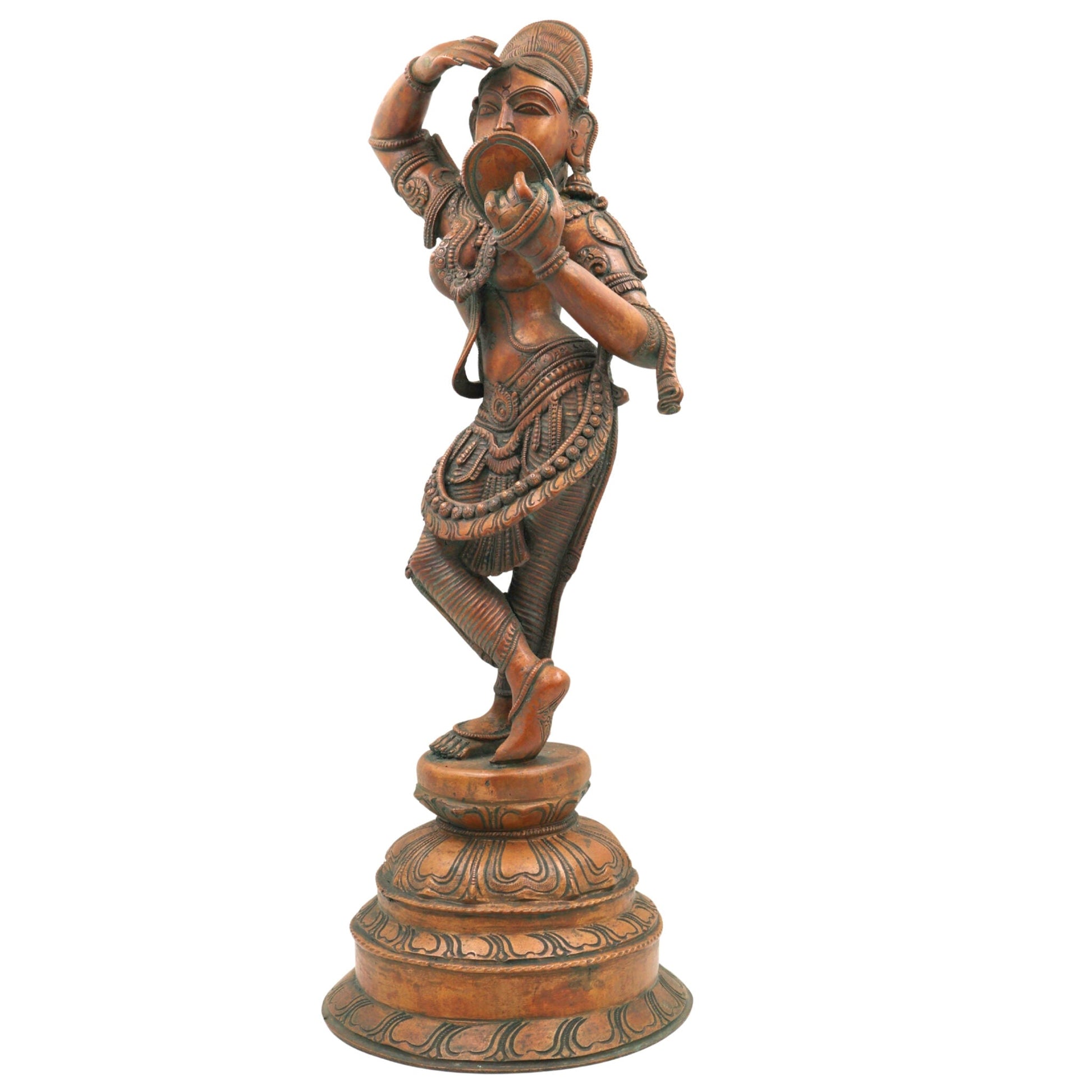 Handmade Bronze Apsara Idol Holding Mirror – Panchaloha Chola Art Sculpture, Celestial Nymph Statue, Urvashi Menaka Rambha Divine Decor,Brown, 17.5 Inch, 1 Piece