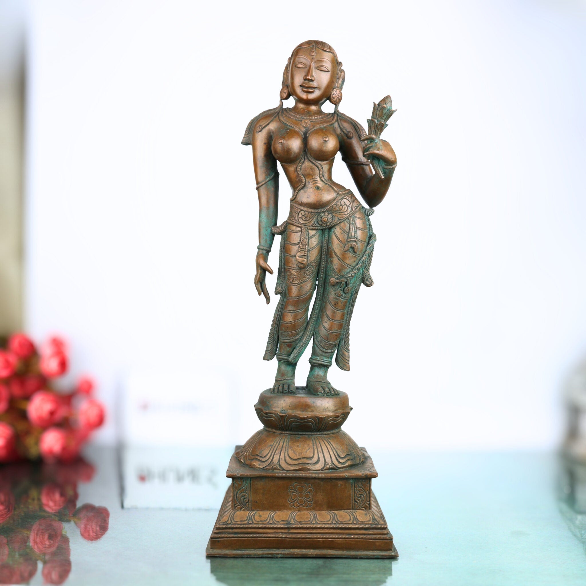 Handcrafted Bronze Apsara Idol | Devangana, Urvashi, Rambha, Menaka, Tilottama Panchaloha Chola Art Sculpture,Brown, 18.5 Inch, 1 Piece