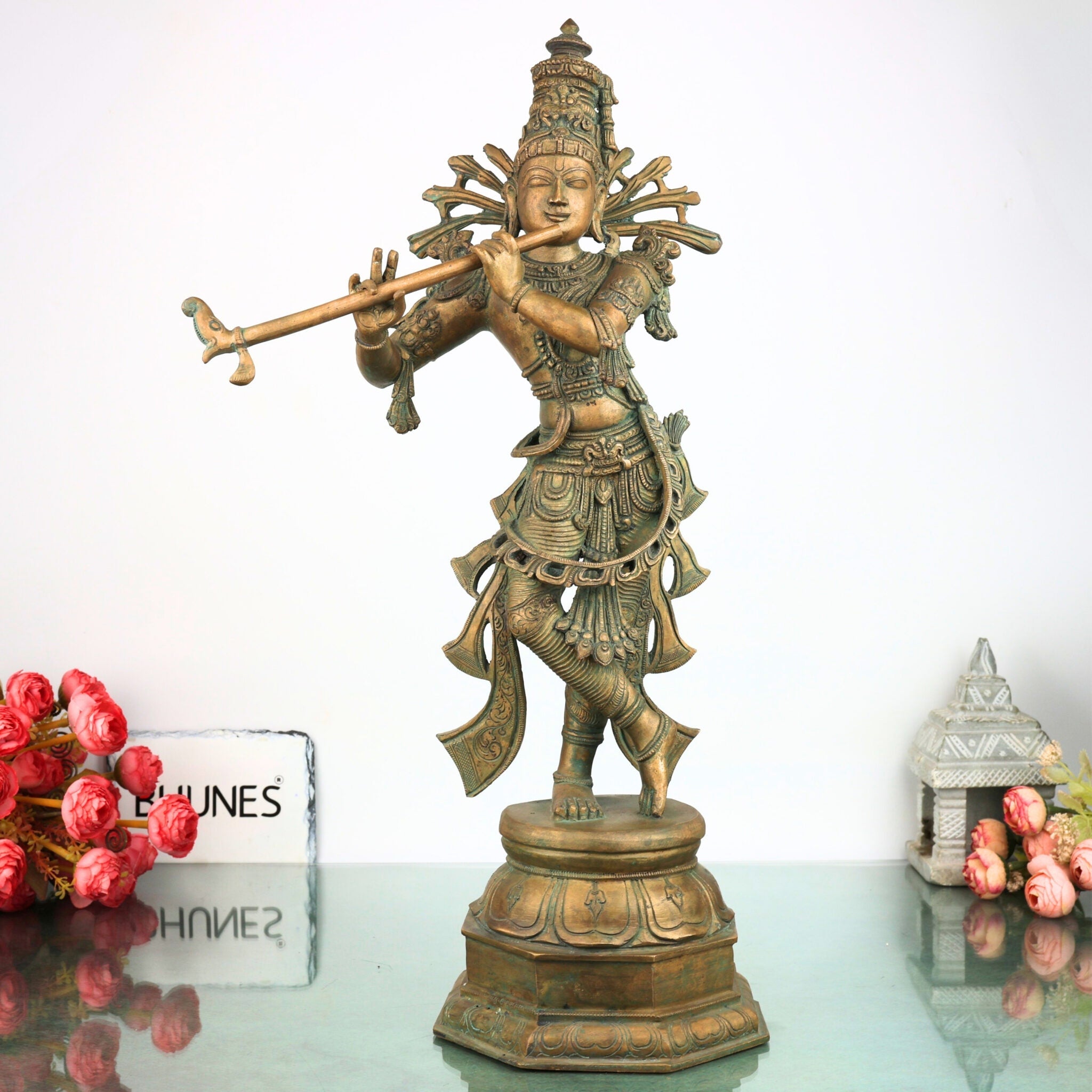 Bronze Krishna Idol | Panchaloha Balakrishna Murti | Handmade Radha Krishna Statue | Gopal, Govinda, Kanhaiya Sculpture for Temple & Home Decor, Brown, 21.5 Inch, 1 Piece