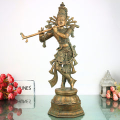 Bronze Krishna Idol | Panchaloha Balakrishna Murti | Handmade Radha Krishna Statue | Gopal, Govinda, Kanhaiya Sculpture for Temple & Home Decor, Brown, 21.5 Inch, 1 Piece