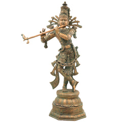 Bronze Krishna Idol | Panchaloha Balakrishna Murti | Handmade Radha Krishna Statue | Gopal, Govinda, Kanhaiya Sculpture for Temple & Home Decor, Brown, 21.5 Inch, 1 Piece