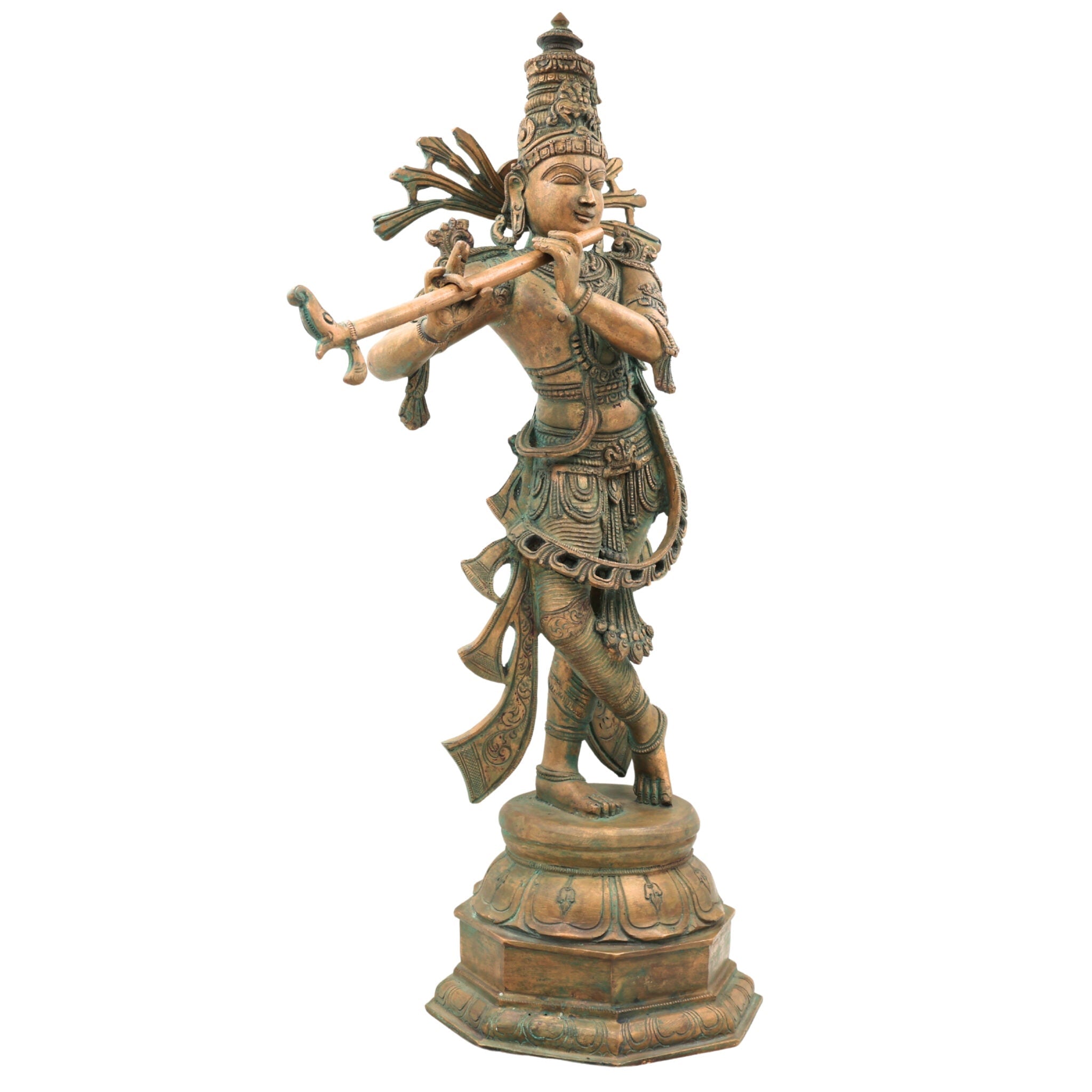 Bronze Krishna Idol | Panchaloha Balakrishna Murti | Handmade Radha Krishna Statue | Gopal, Govinda, Kanhaiya Sculpture for Temple & Home Decor, Brown, 21.5 Inch, 1 Piece