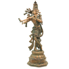 Bronze Krishna Idol | Panchaloha Balakrishna Murti | Handmade Radha Krishna Statue | Gopal, Govinda, Kanhaiya Sculpture for Temple & Home Decor, Brown, 21.5 Inch, 1 Piece
