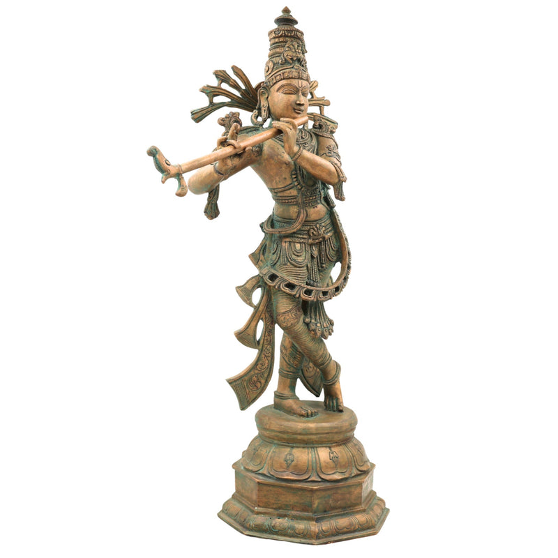 Bronze Krishna Idol | Panchaloha Balakrishna Murti | Handmade Radha Krishna Statue | Gopal, Govinda, Kanhaiya Sculpture for Temple & Home Decor, Brown, 21.5 Inch, 1 Piece