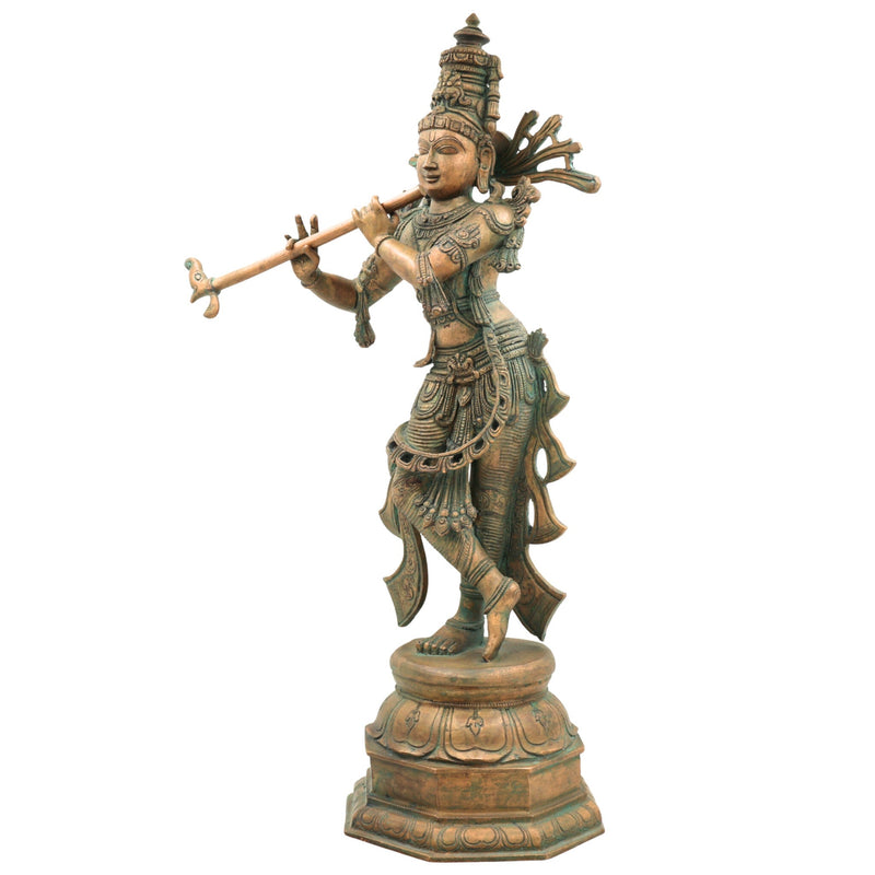 Bronze Krishna Idol | Panchaloha Balakrishna Murti | Handmade Radha Krishna Statue | Gopal, Govinda, Kanhaiya Sculpture for Temple & Home Decor, Brown, 21.5 Inch, 1 Piece