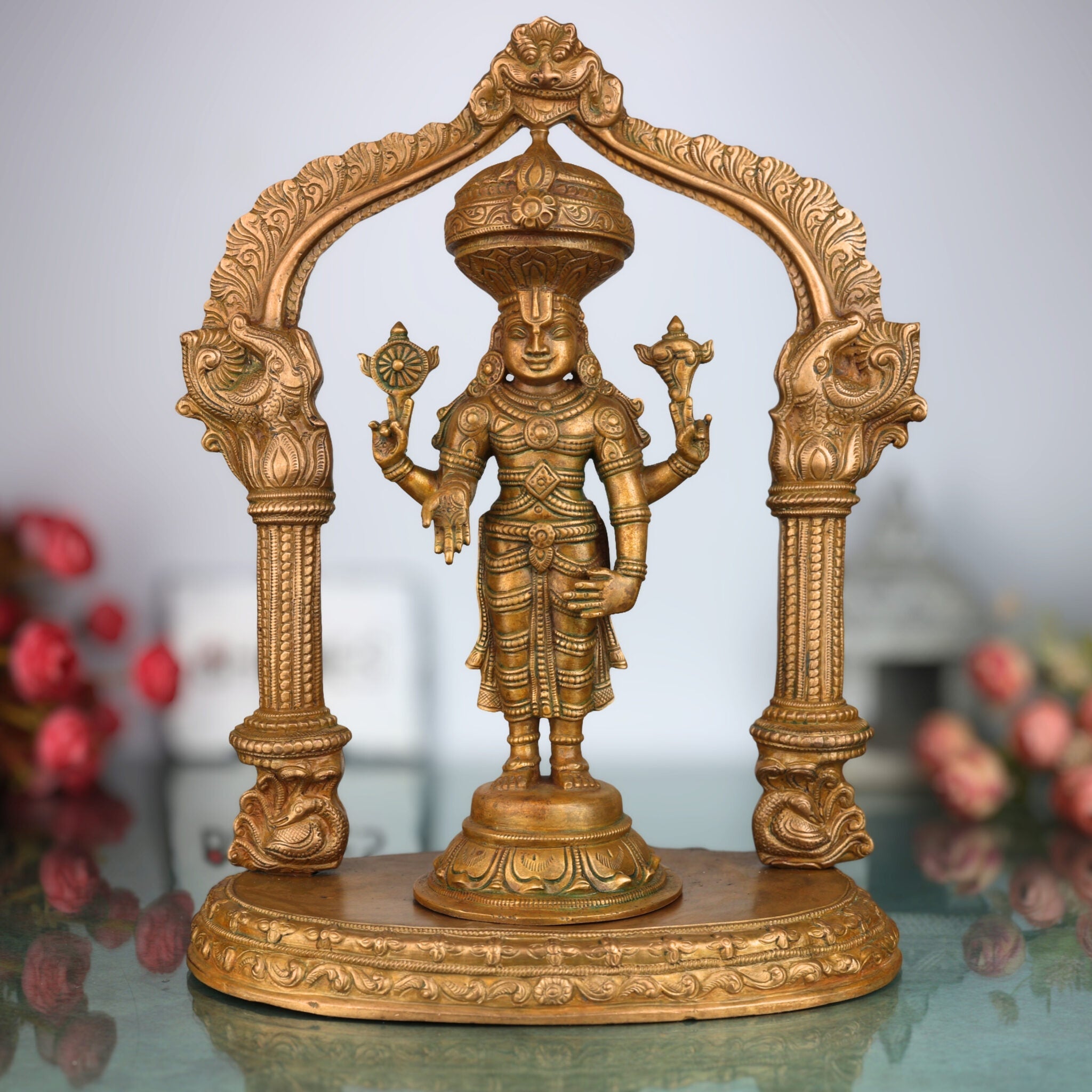 Premium Panchaloha Venkateshwara Idol | Handcrafted Tirupati Balaji Statue | Bronze Balaji Murti with Prabhavali & Peetam | South Indian Chola Art Deity,Gold, 13.5 Inch, 1 Piece