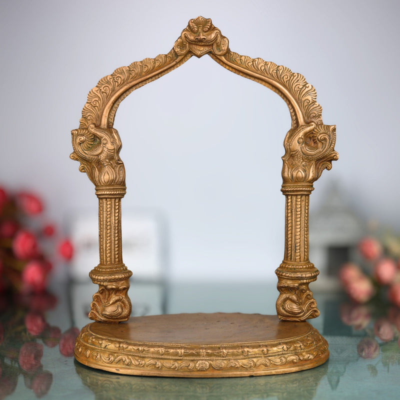 Bronze Shinghashan Chowki With Prabhavali, Panchaloha Mandapam Peetha Bajot for Temple Pooja Mandir Sinhasan, Brown, 13.5 Inch, 1 Piece
