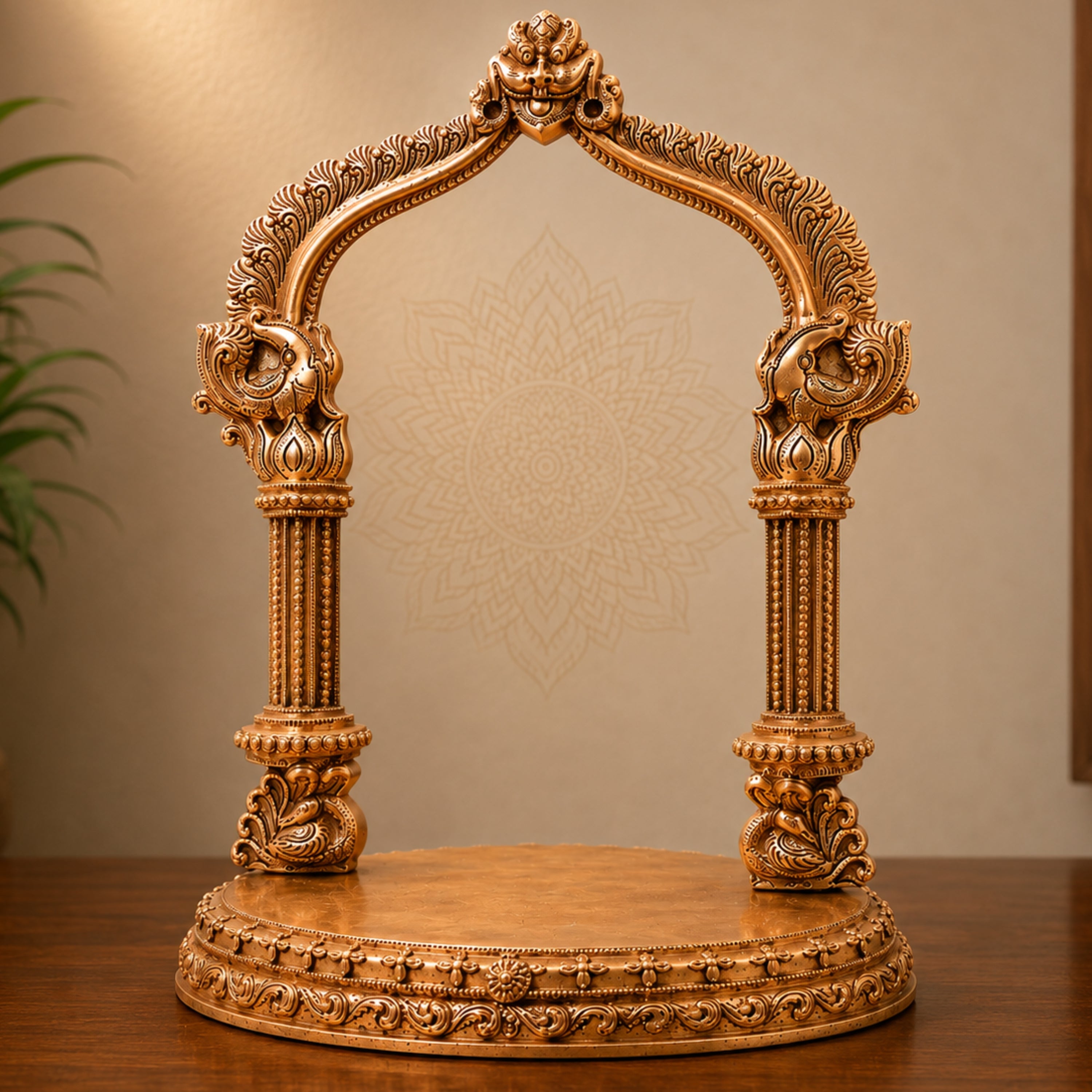 Bronze Shinghashan Chowki With Prabhavali, Panchaloha Mandapam Peetha Bajot for Temple Pooja Mandir Sinhasan, Brown, 13.5 Inch, 1 Piece