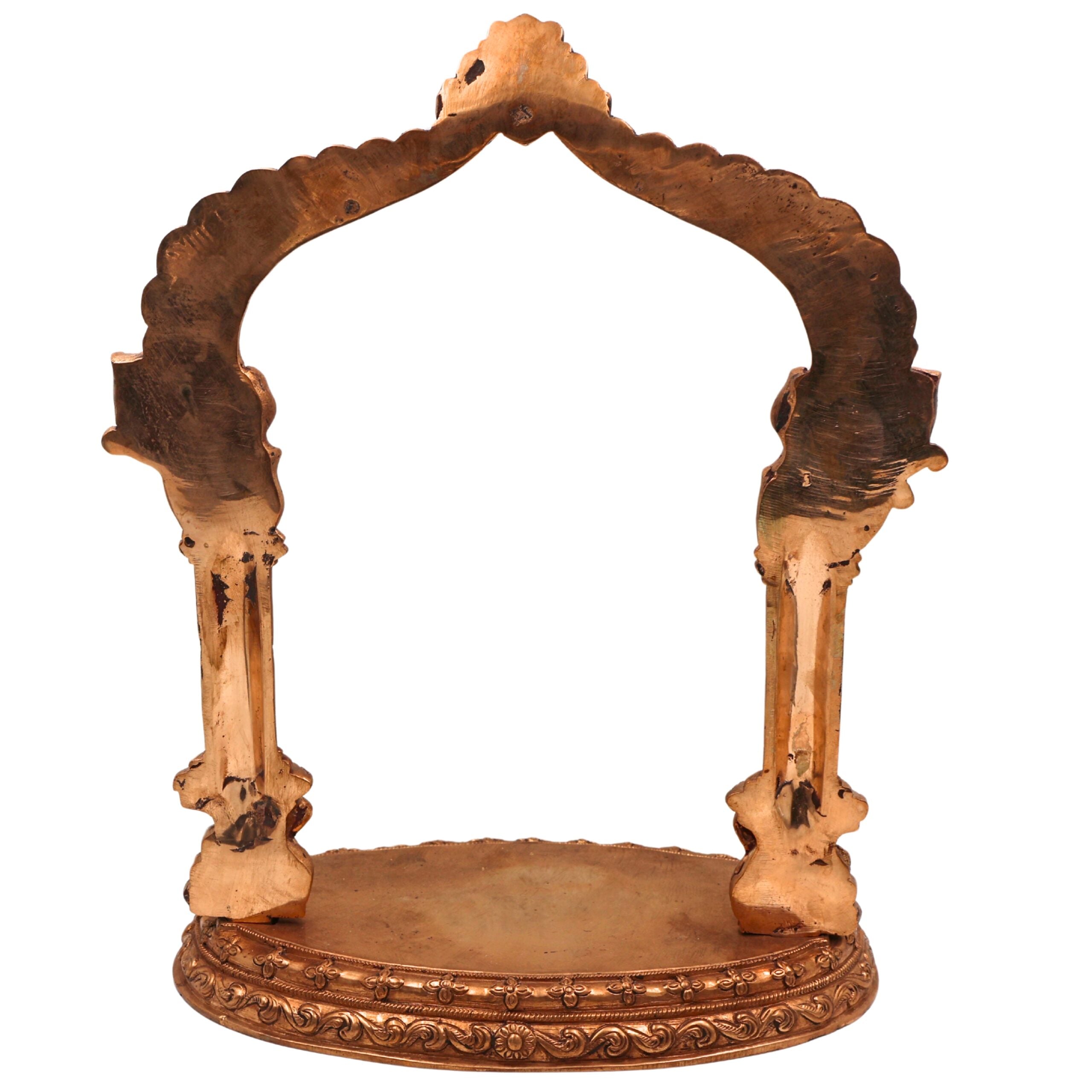 Bronze Shinghashan Chowki With Prabhavali, Peetha Prabhawali, Peetam Peetalu Peetham Bajot For Temple Sinhasan Pooja Mandir Stand, Gold, 13.5 Inch, 1 Piece