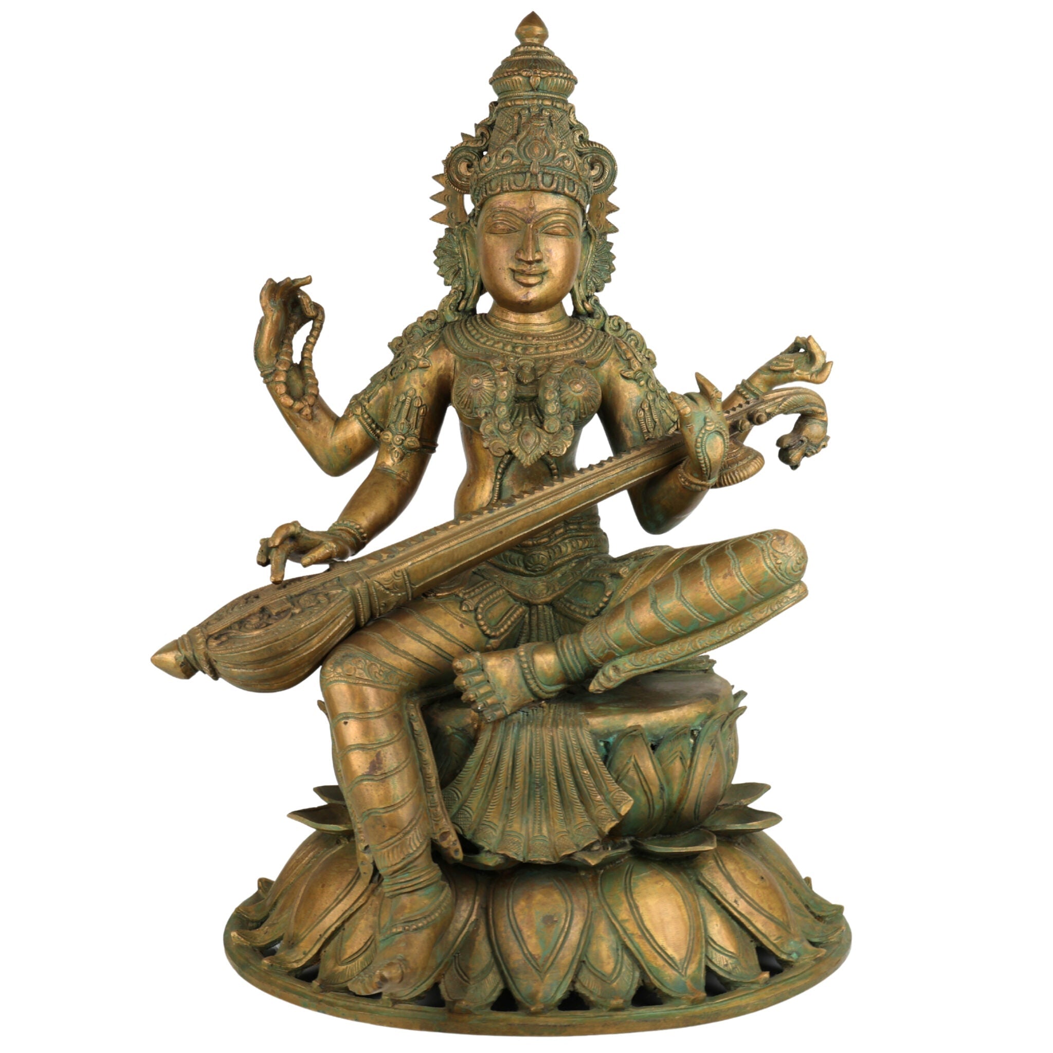 Handmade Bronze Panchaloha Saraswati Idol, Sharada, Veena, Pustaka-Dharini, Vidyadayini Goddess of Knowledge, Wisdom, Music & Learning for Home, Temple & Office Decor,Gold, 25 Inch, 1 Piece
