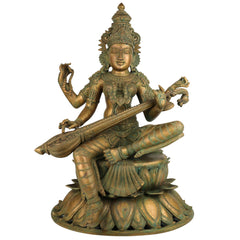 Handmade Bronze Panchaloha Saraswati Idol, Sharada, Veena, Pustaka-Dharini, Vidyadayini Goddess of Knowledge, Wisdom, Music & Learning for Home, Temple & Office Decor,Gold, 25 Inch, 1 Piece
