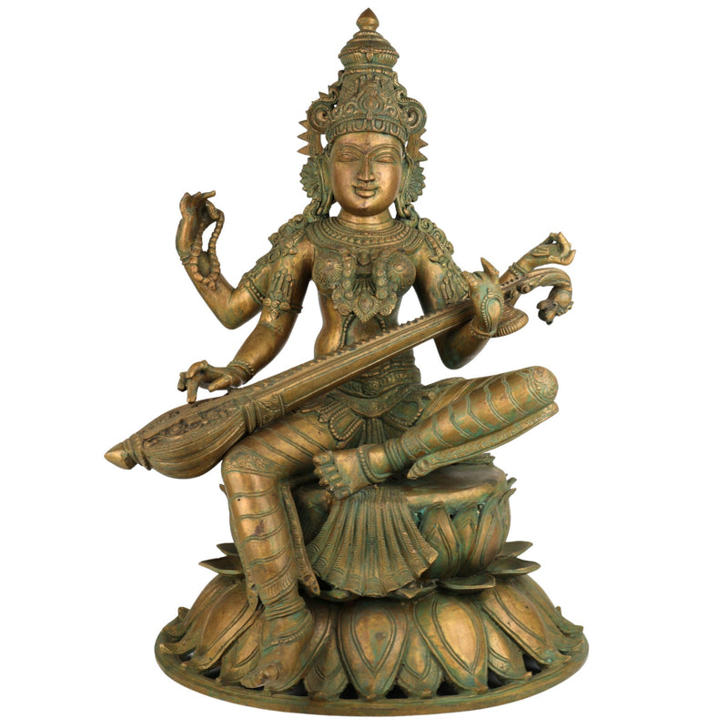 Handmade Bronze Panchaloha Saraswati Idol, Sharada, Veena, Pustaka-Dharini, Vidyadayini Goddess of Knowledge, Wisdom, Music & Learning for Home, Temple & Office Decor,Gold, 25 Inch, 1 Piece