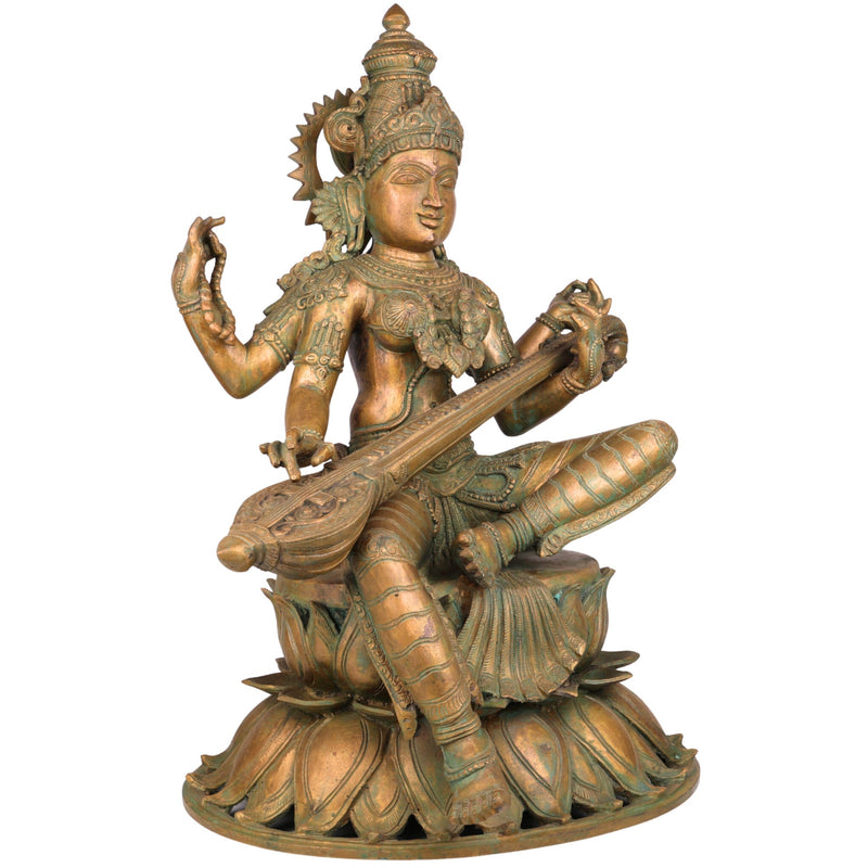 Handmade Bronze Panchaloha Saraswati Idol, Sharada, Veena, Pustaka-Dharini, Vidyadayini Goddess of Knowledge, Wisdom, Music & Learning for Home, Temple & Office Decor,Gold, 25 Inch, 1 Piece