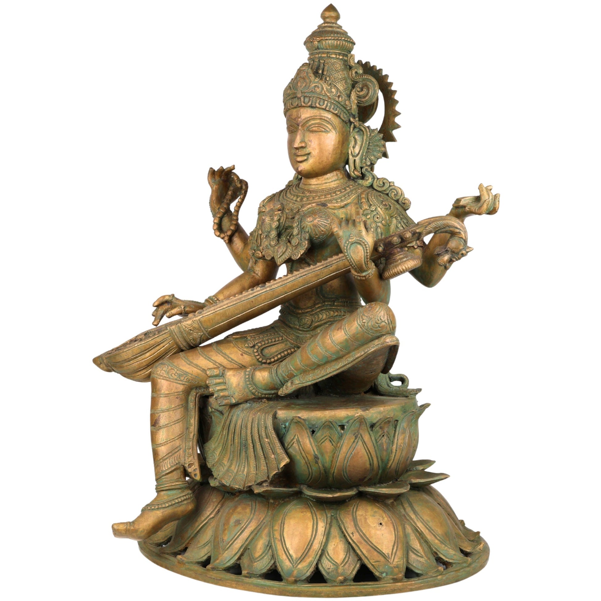 Handmade Bronze Panchaloha Saraswati Idol, Sharada, Veena, Pustaka-Dharini, Vidyadayini Goddess of Knowledge, Wisdom, Music & Learning for Home, Temple & Office Decor,Gold, 25 Inch, 1 Piece