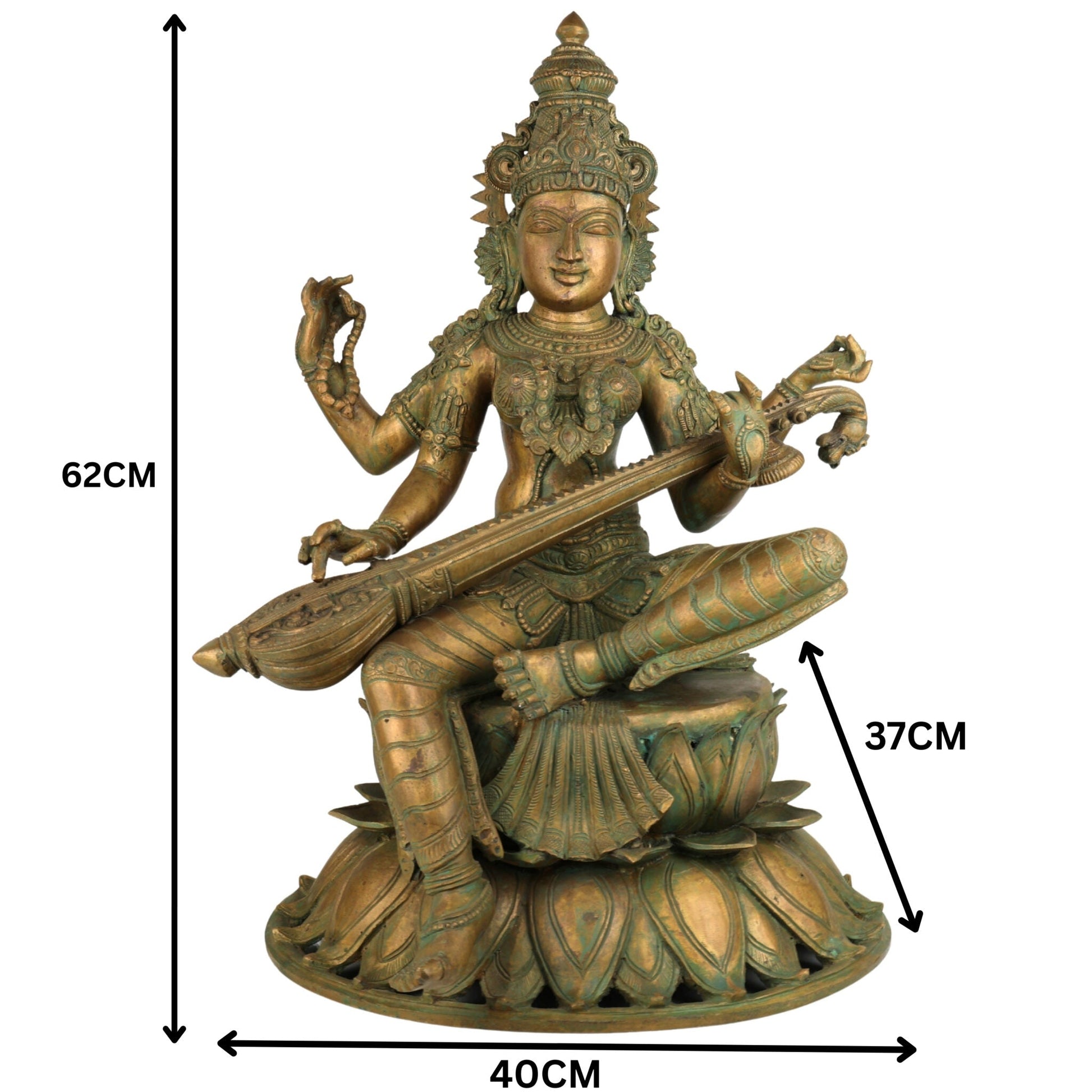 Handmade Bronze Panchaloha Saraswati Idol, Sharada, Veena, Pustaka-Dharini, Vidyadayini Goddess of Knowledge, Wisdom, Music & Learning for Home, Temple & Office Decor,Gold, 25 Inch, 1 Piece