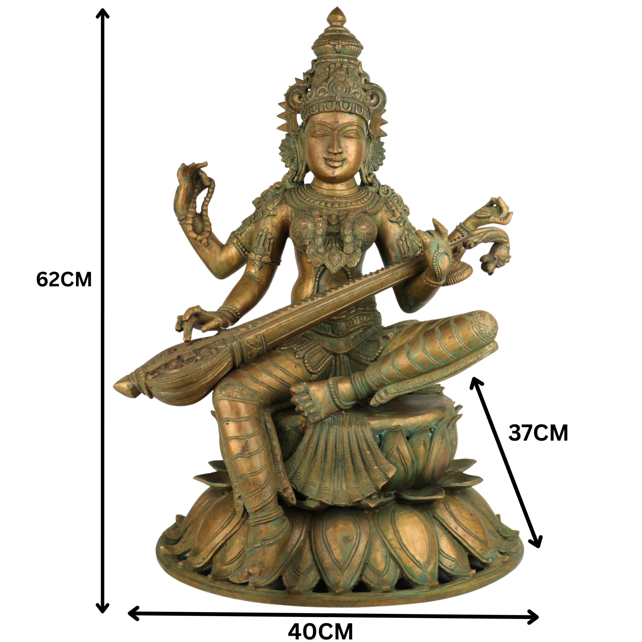 Handmade Bronze Panchaloha Saraswati Idol, Sharada, Veena, Pustaka-Dharini, Vidyadayini Goddess of Knowledge, Wisdom, Music & Learning for Home, Temple & Office Decor,Gold, 25 Inch, 1 Piece