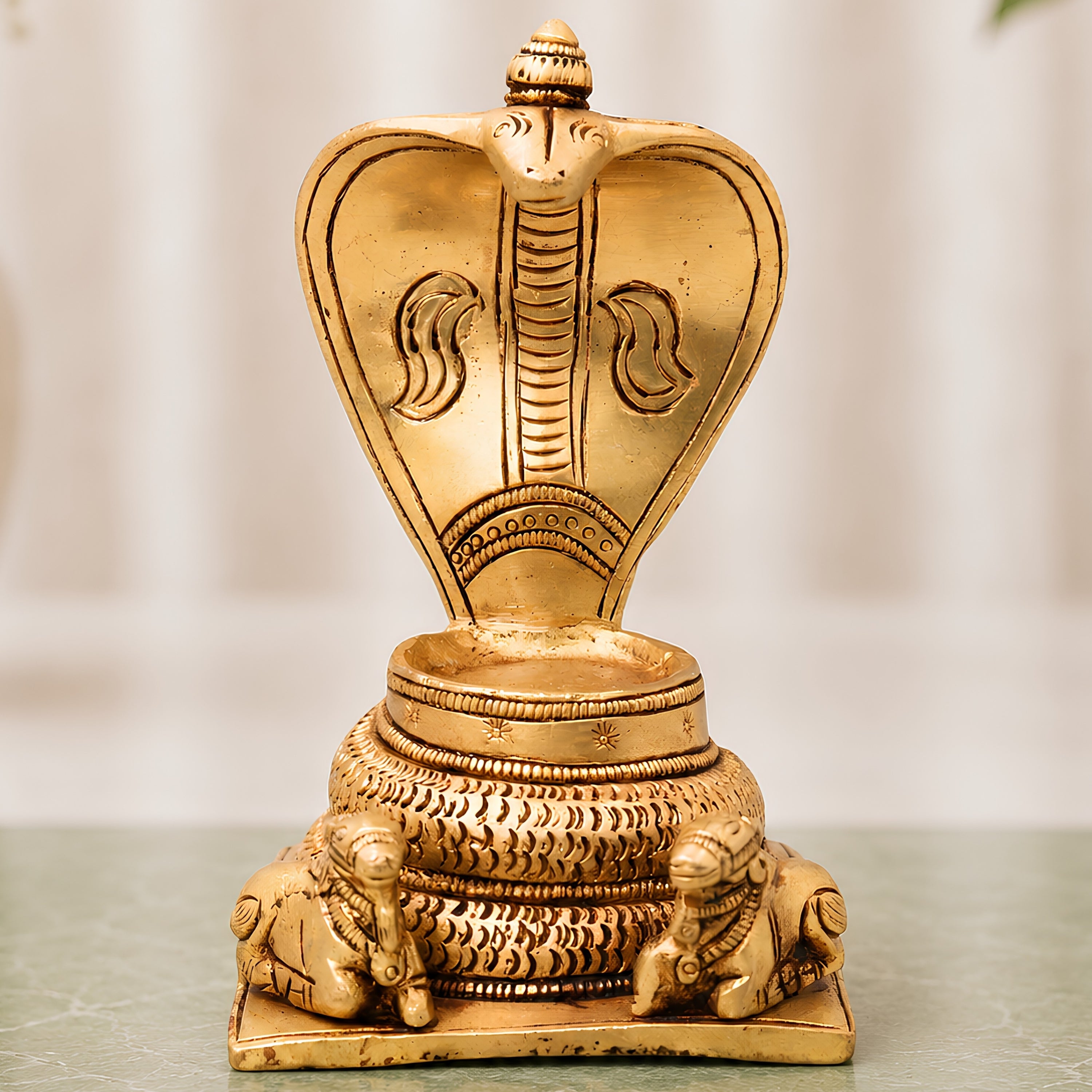 Brass Snake Shaped Pooja Chowki with Nandi Handcrafted Shiva Linga Stand, Shaligram Singhasan, Peetha for Mandir, Bajot for Puja Room, Gold, 5 Inch, 1 Piece