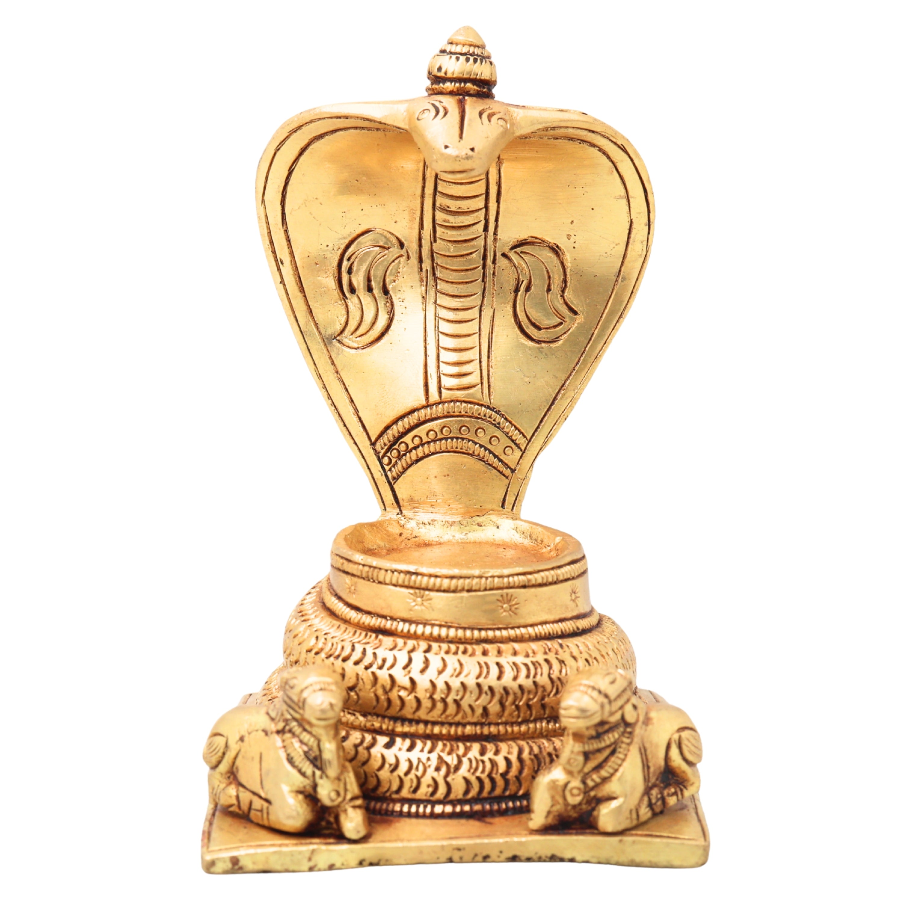 Brass Snake Shaped Pooja Chowki with Nandi Handcrafted Shiva Linga Stand, Shaligram Singhasan, Peetha for Mandir, Bajot for Puja Room, Gold, 5 Inch, 1 Piece
