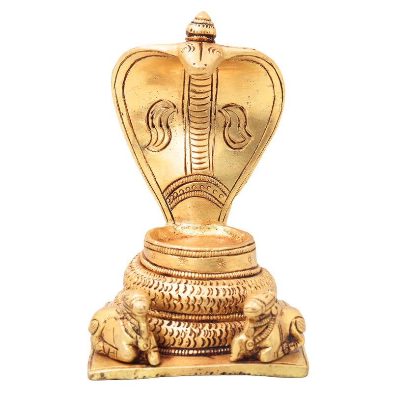 Brass Snake Shaped Pooja Chowki with Nandi Handcrafted Shiva Linga Stand, Shaligram Singhasan, Peetha for Mandir, Bajot for Puja Room, Gold, 5 Inch, 1 Piece