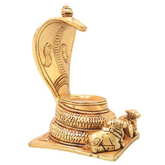 Brass Snake Shaped Pooja Chowki with Nandi Handcrafted Shiva Linga Stand, Shaligram Singhasan, Peetha for Mandir, Bajot for Puja Room, Gold, 5 Inch, 1 Piece