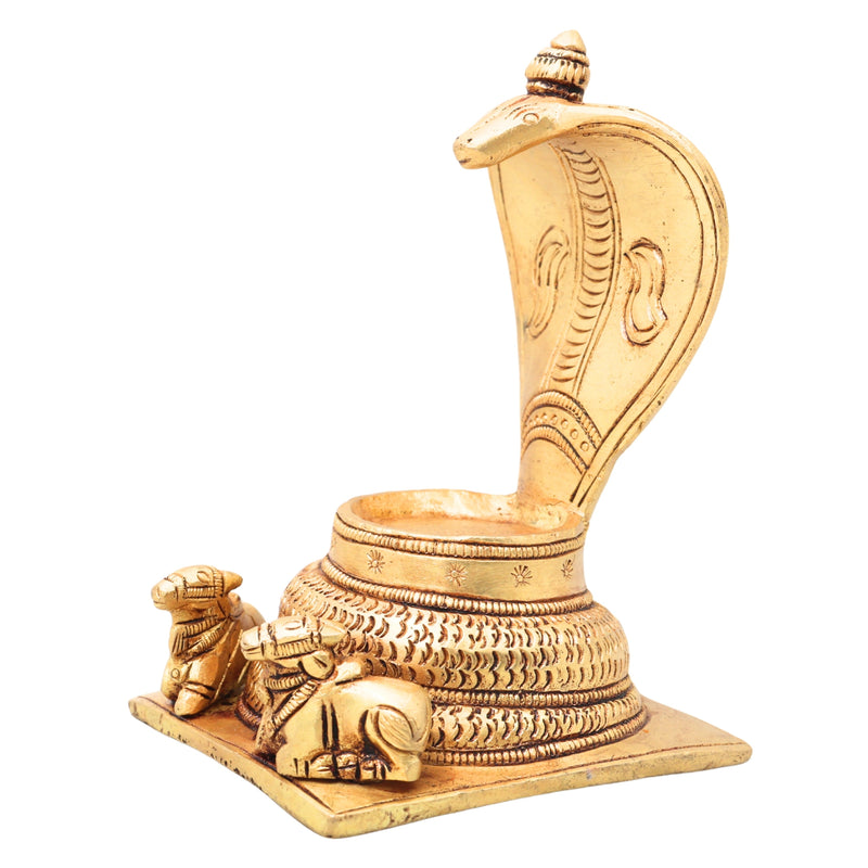 Brass Snake Shaped Pooja Chowki with Nandi Handcrafted Shiva Linga Stand, Shaligram Singhasan, Peetha for Mandir, Bajot for Puja Room, Gold, 5 Inch, 1 Piece