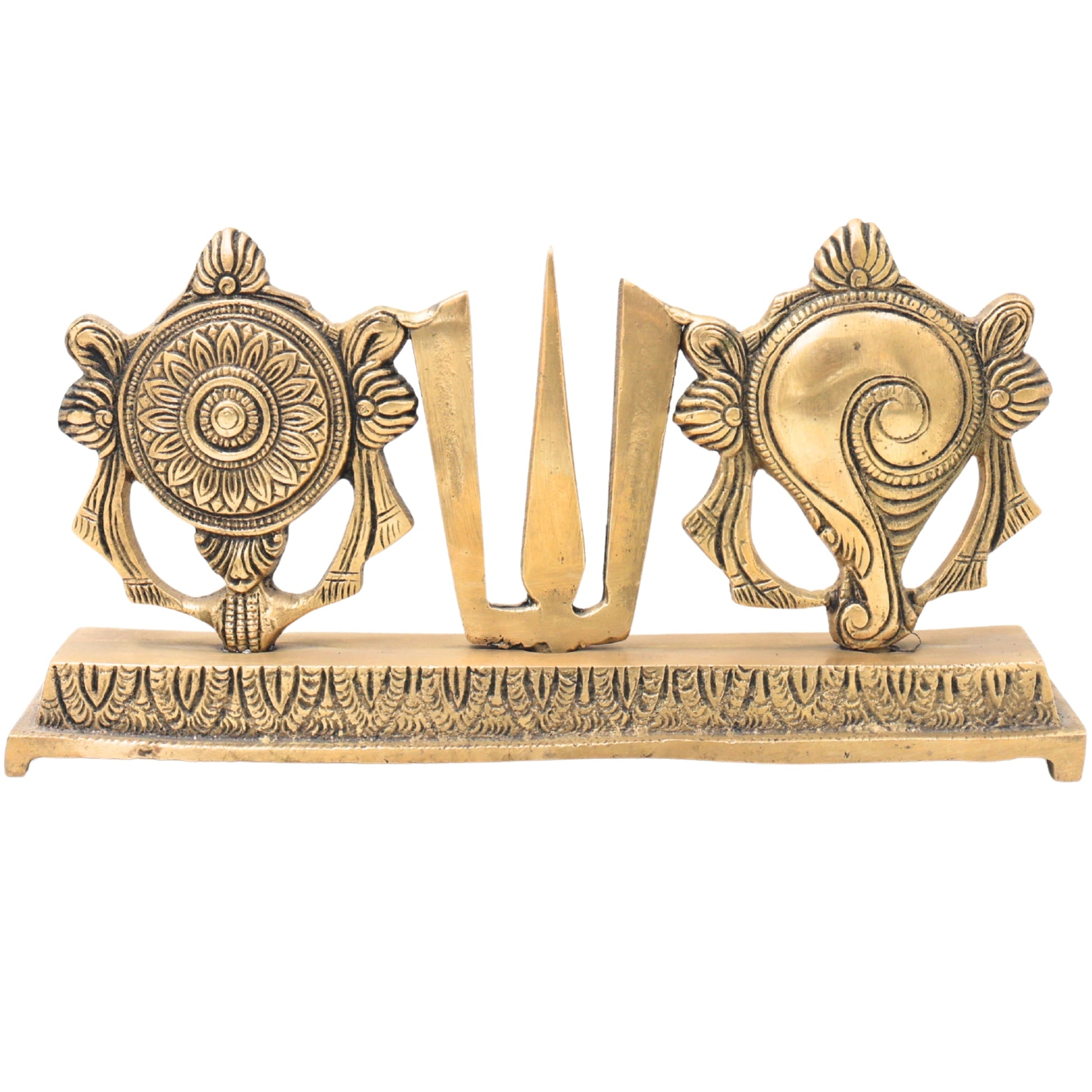 Handcrafted Brass Balaji Shanka Chakra Namam Set, Tirupati Venkateswara Srinivasa Govinda Vishnu Symbol,Gold, 4.5 Inch, 1 Piece