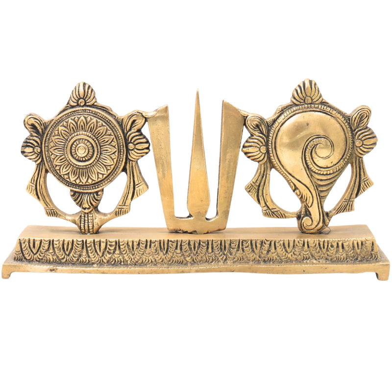 Handcrafted Brass Balaji Shanka Chakra Namam Set, Tirupati Venkateswara Srinivasa Govinda Vishnu Symbol,Gold, 4.5 Inch, 1 Piece