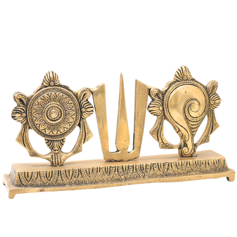 Handcrafted Brass Balaji Shanka Chakra Namam Set, Tirupati Venkateswara Srinivasa Govinda Vishnu Symbol,Gold, 4.5 Inch, 1 Piece