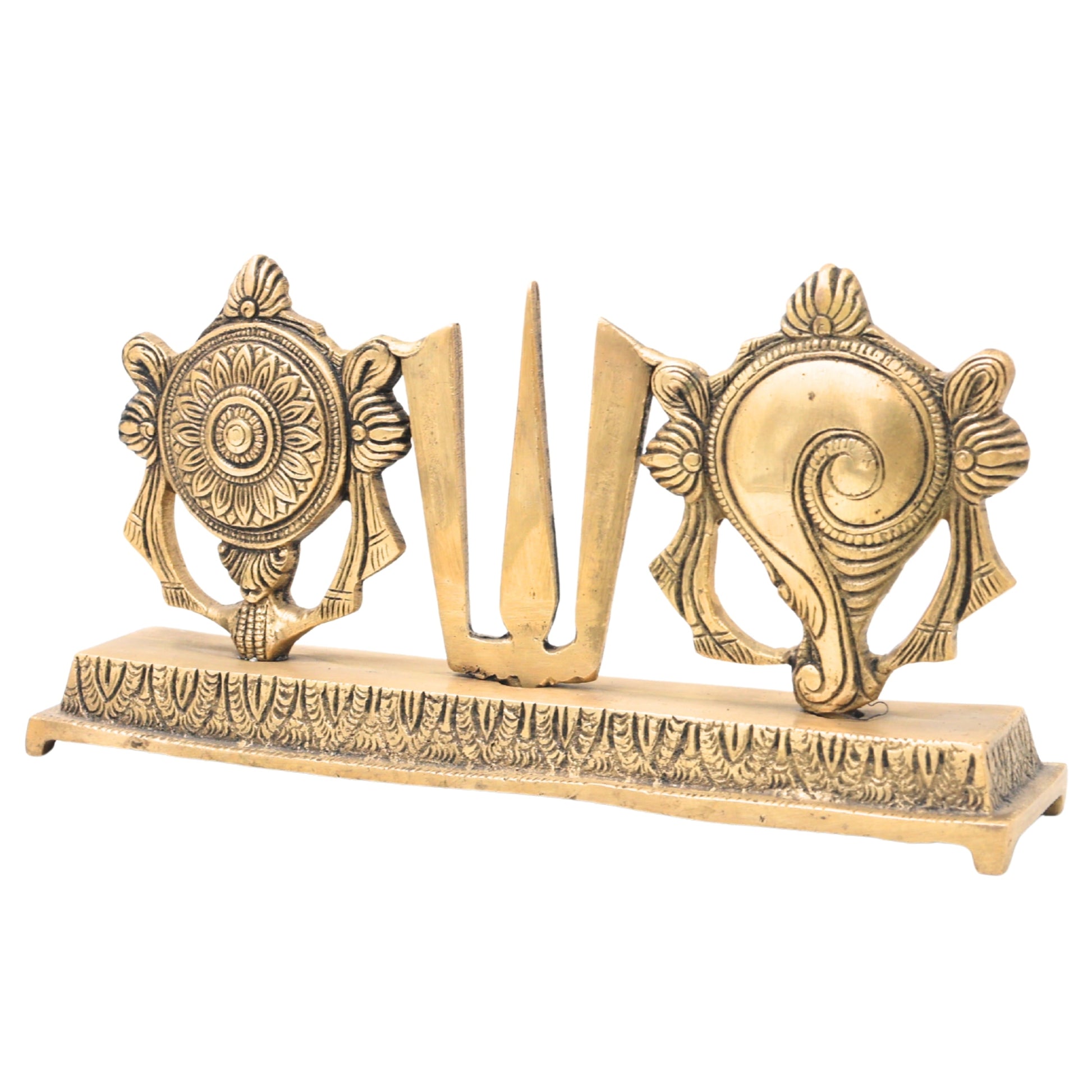 Handcrafted Brass Balaji Shanka Chakra Namam Set, Tirupati Venkateswara Srinivasa Govinda Vishnu Symbol,Gold, 4.5 Inch, 1 Piece