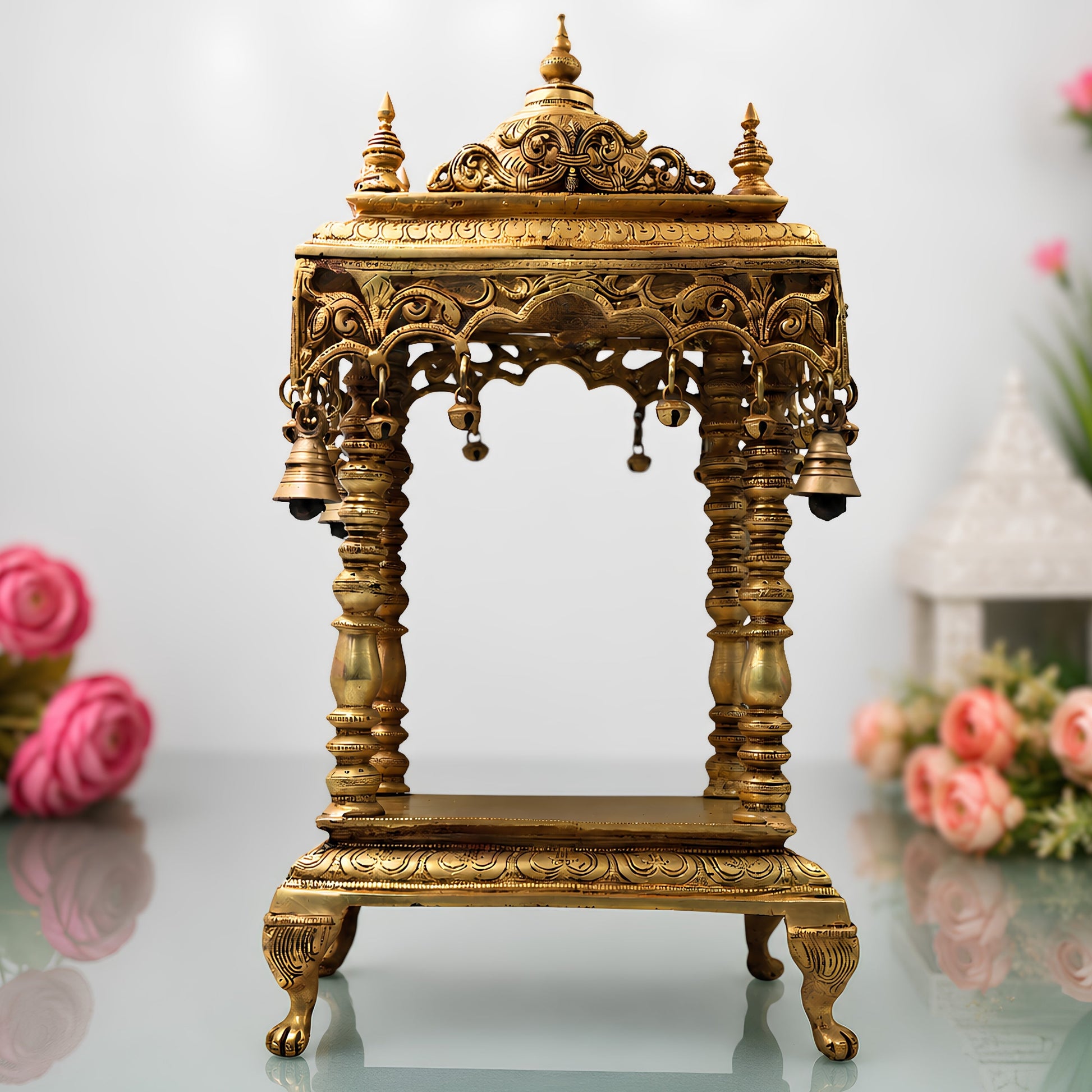 Handcrafted Brass Temple Mandir for Home Pooja, Peetal Devalayam Puja Ghar Kovil Aalayam Devghar Singhasan Chowki,Gold, 21 Inch, 1 Piece