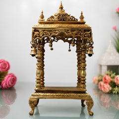 Handcrafted Brass Temple Mandir for Home Pooja, Peetal Devalayam Puja Ghar Kovil Aalayam Devghar Singhasan Chowki,Gold, 21 Inch, 1 Piece