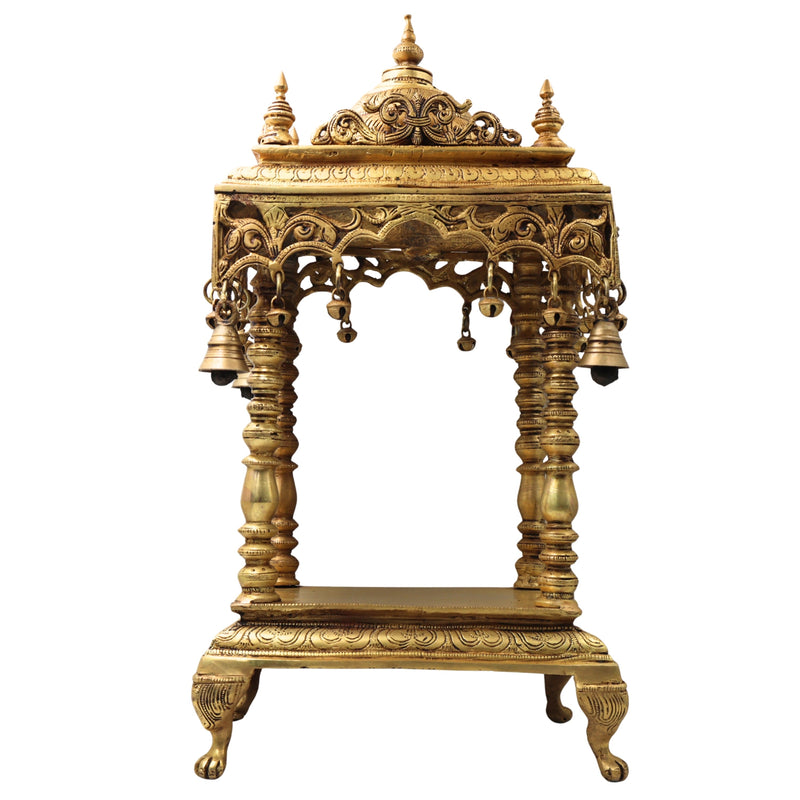 Handcrafted Brass Temple Mandir for Home Pooja, Peetal Devalayam Puja Ghar Kovil Aalayam Devghar Singhasan Chowki,Gold, 21 Inch, 1 Piece