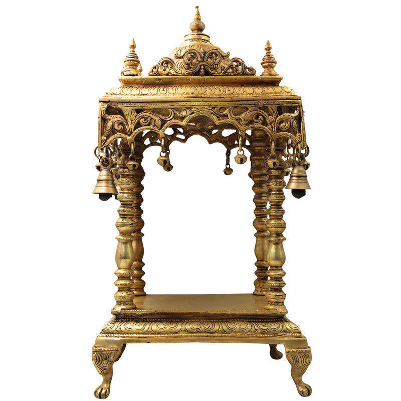 Handcrafted Brass Temple Mandir for Home Pooja, Peetal Devalayam Puja Ghar Kovil Aalayam Devghar Singhasan Chowki,Gold, 21 Inch, 1 Piece